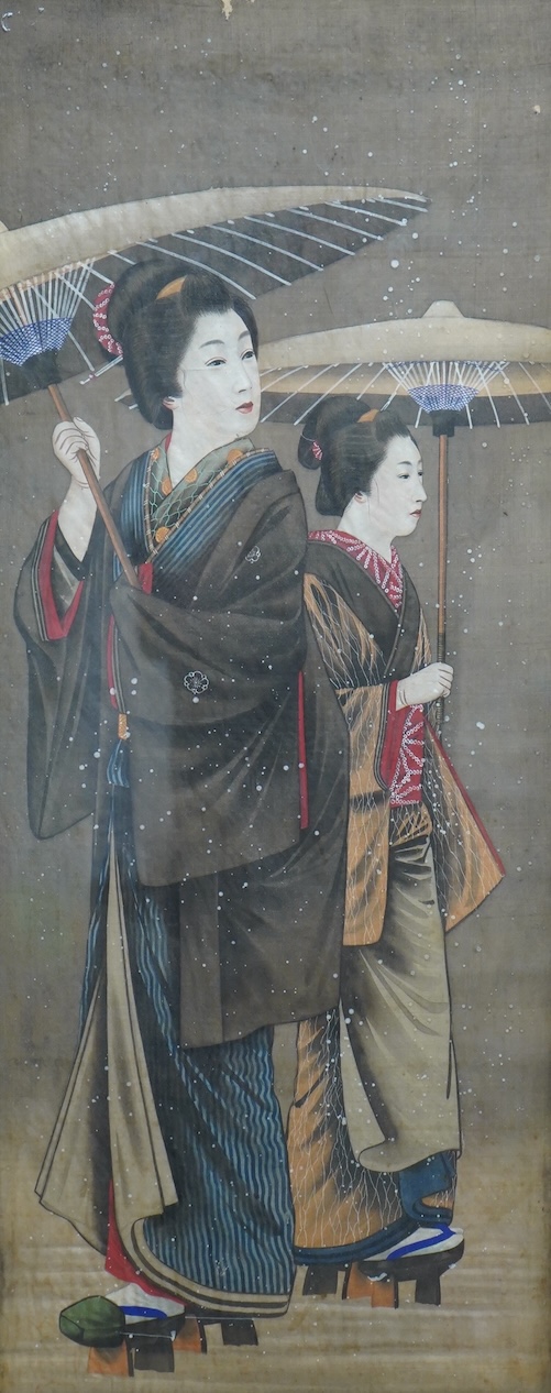 Japanese School, Two geisha girls, painting on silk, 79 x 31cm